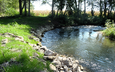 A Stream with a sloped bank reinforced with riprap