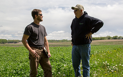 Two people standing in the middle of a green agricultural field talking to each other.