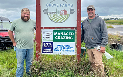 Two people next to a new farm sign