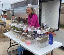 Staff member using the rainfall simulator at an event